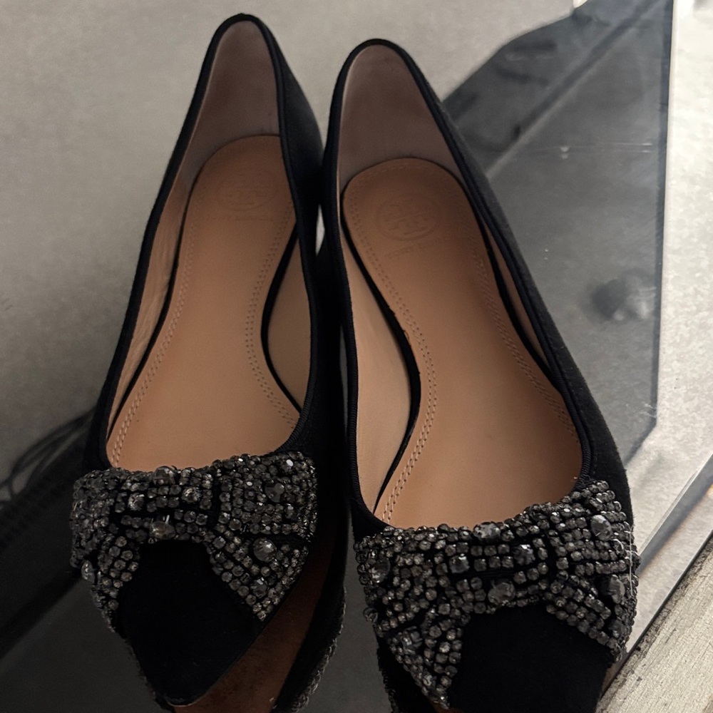Tory Burch Black Beaded Suede Flats